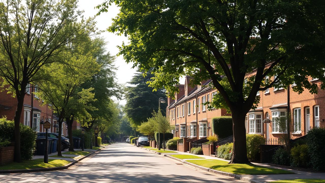 A tree-lined British residential street with terraced housing and green verges in soft daylight
